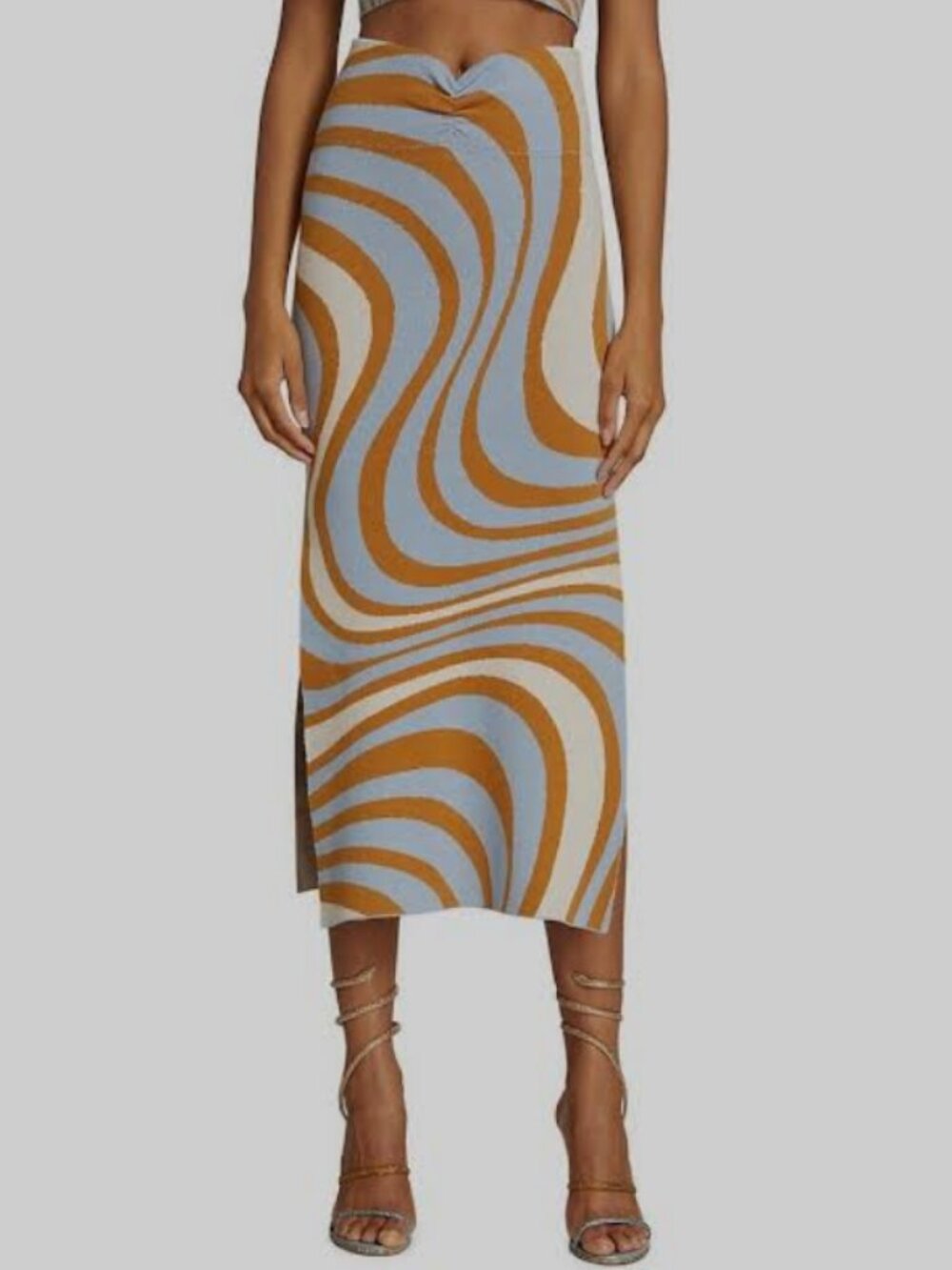 RHODE Women's Ettie Knit Midi Skirt Brown and Blue Wavy Abstract Pattern Size XS